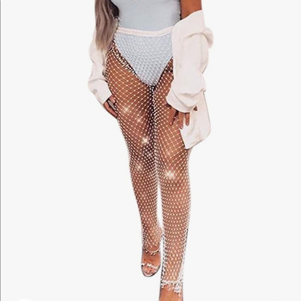 Women Crystal Rhinestone Mesh Pants Fishnet Leggings Festival Beach Cover Up